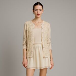 Vintage Y2K Victor Costa Twinset XS Beige Sheer Lace Beaded Cardigan & Tank